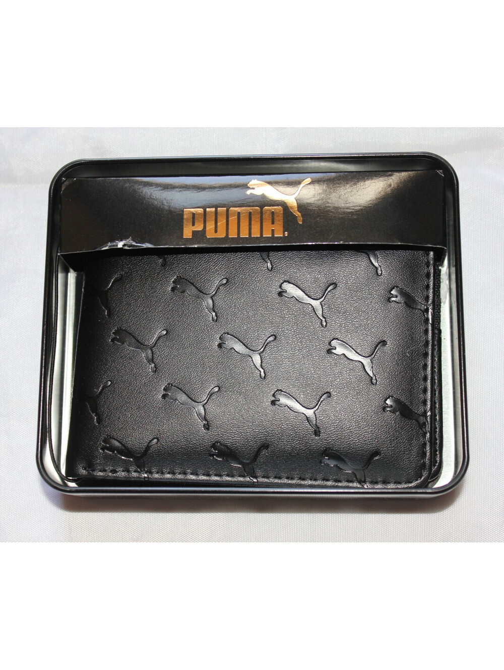 NWT Puma Men's Bifold Wallet Black Embossed Cat Logo with Branded Tin Gift Box